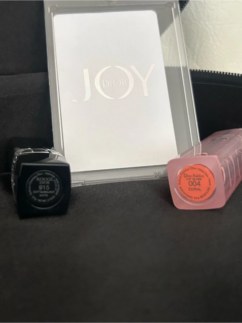 Dior Beauty Cosmetic Case w/ 915 Soft Burgundy & Lip Glow 004 Coral & JOY Card - Picture 2 of 6